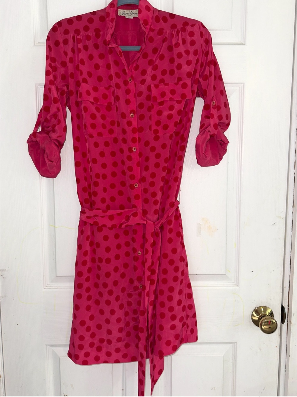 Vintage Marie France Ruby & Bloom Pink Polka Dot Shirt Dress